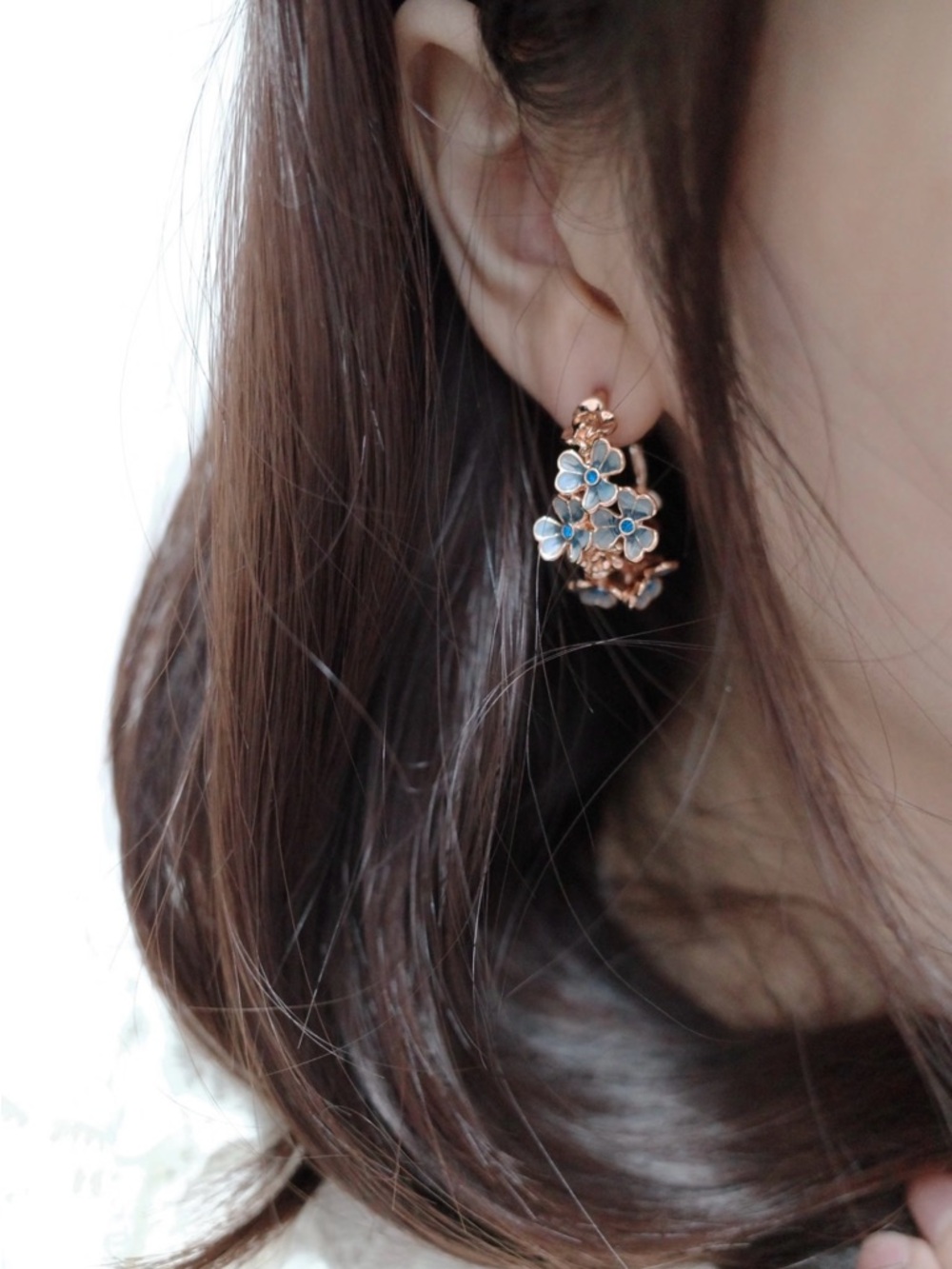 Gold Blue Floral Earrings Coquette Dainty Statement Cute Romantic Jewelry